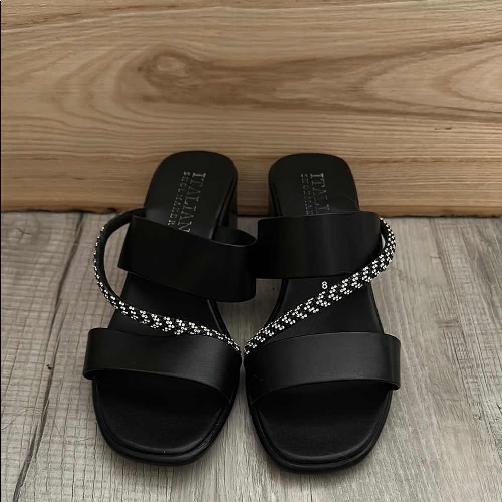 Italian Shoemakers Black Beaded Crossover Slide Mules